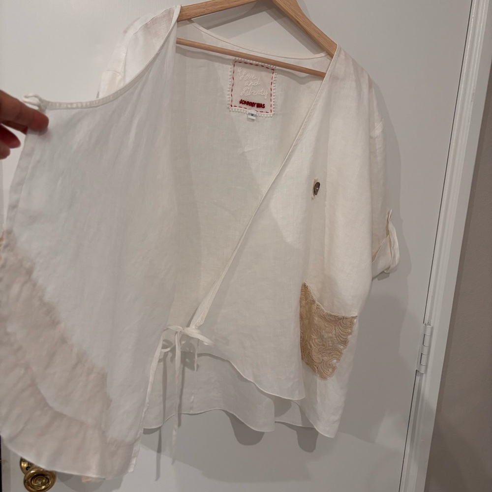 4 Love And Liberty Johnny Was Linen Crochet Embroidered Wrap Style Top Size M - Picture 8 of 16